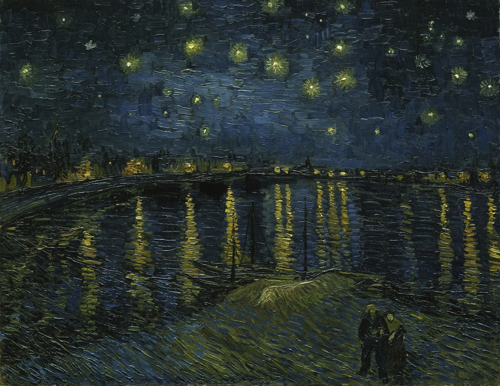 “Starry Night Over the Rhône”: blue holds both the sky and the water, while the warmth stays in points of lamplight, their reflections and a strip of shore
