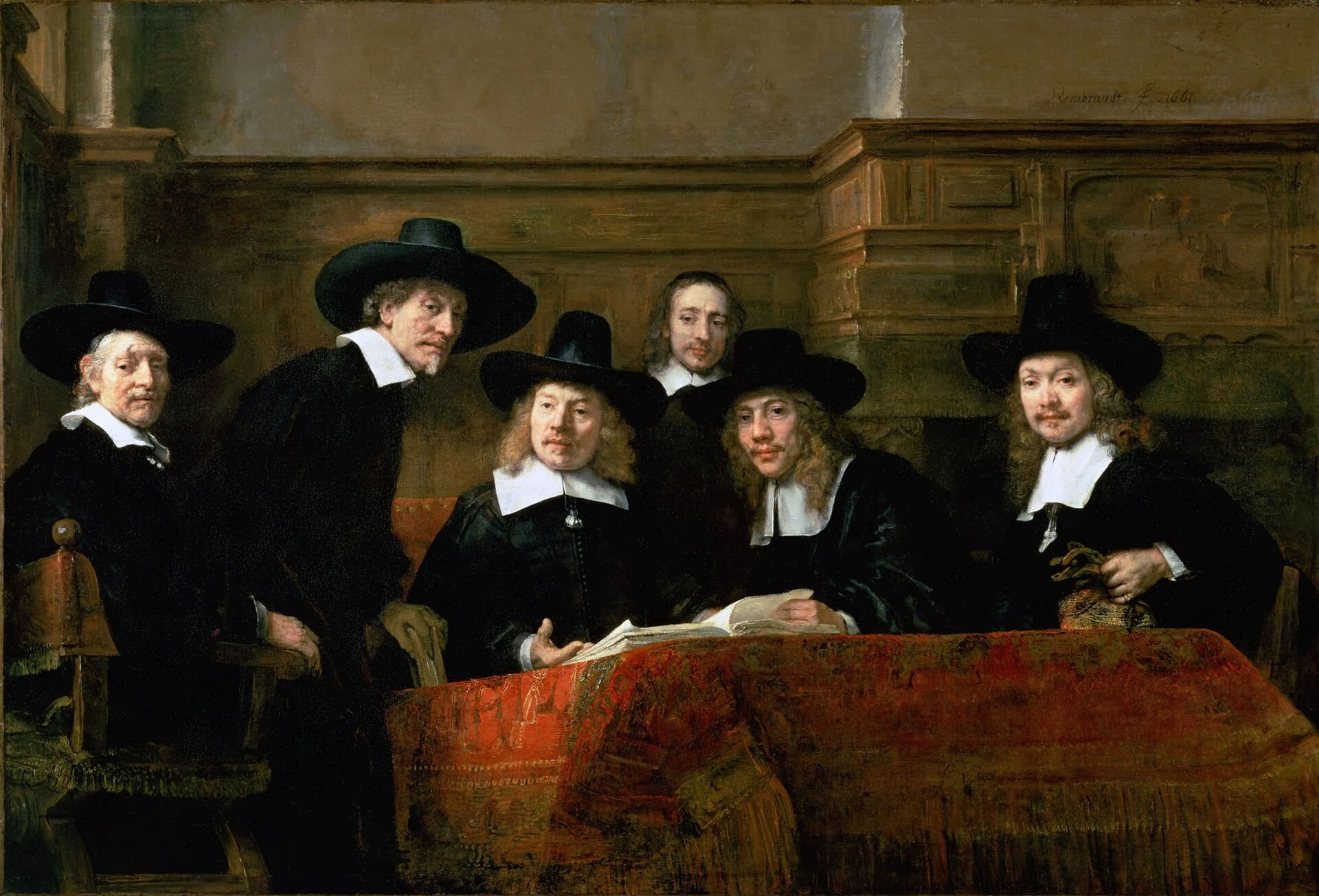 “The Syndics”: five men and one shared turn towards the viewer — the connection is set by attention, not by arrangement