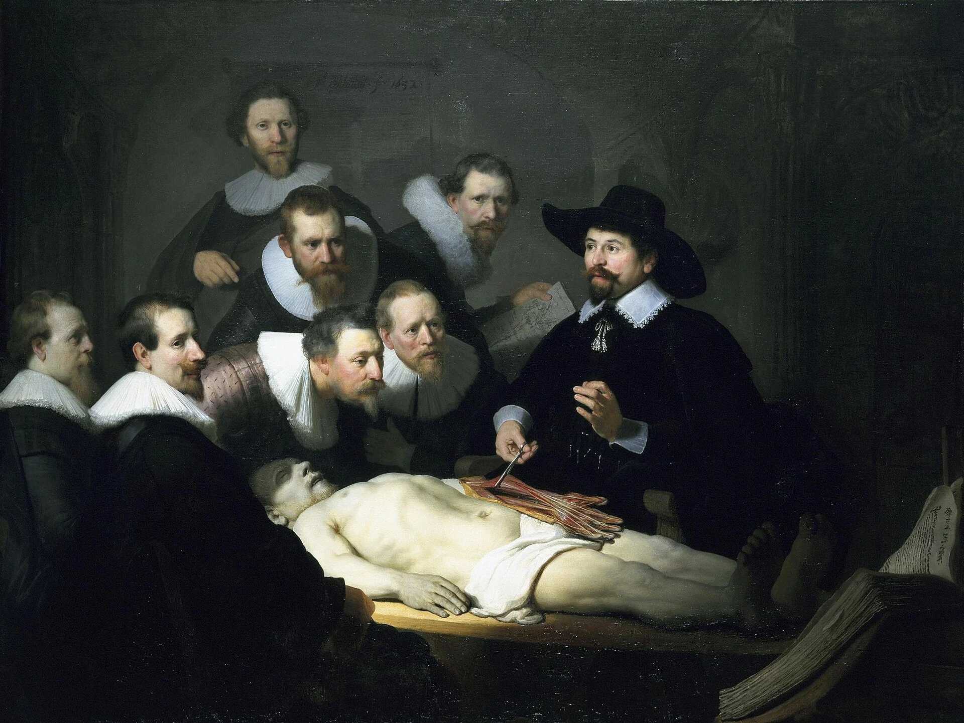“The Anatomy Lesson of Dr Nicolaes Tulp”: the glances converge on a single point, and the group reads as one action rather than seven portraits side by side