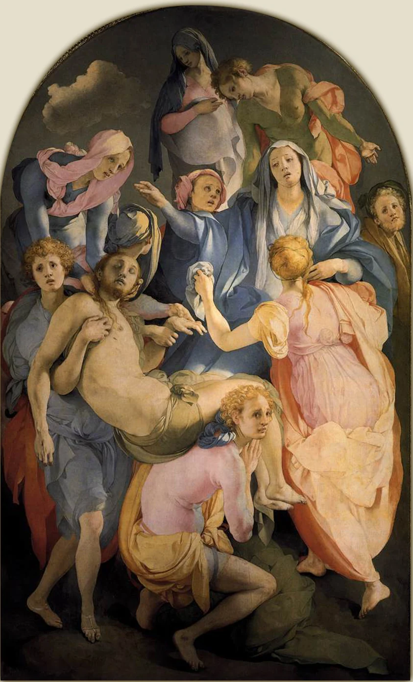 Pontormo: no ground, no familiar weight — colour tunes the viewer directly, bypassing physics
