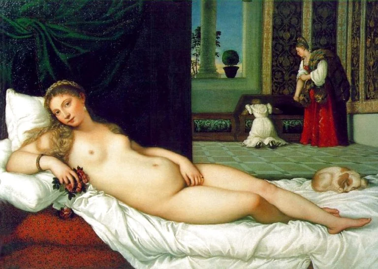“The Venus of Urbino”: the space leads into a domestic depth, and the intimacy stays comfortable