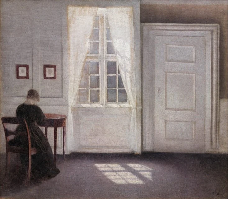 Hammershøi takes the leading role away from the window and leaves one rectangle of light on the floor — the room lives by time, not by a source