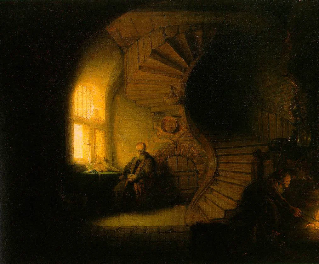 “The Philosopher in Meditation”: the window shines at full strength and the room still stays dark — there is nothing here to open up