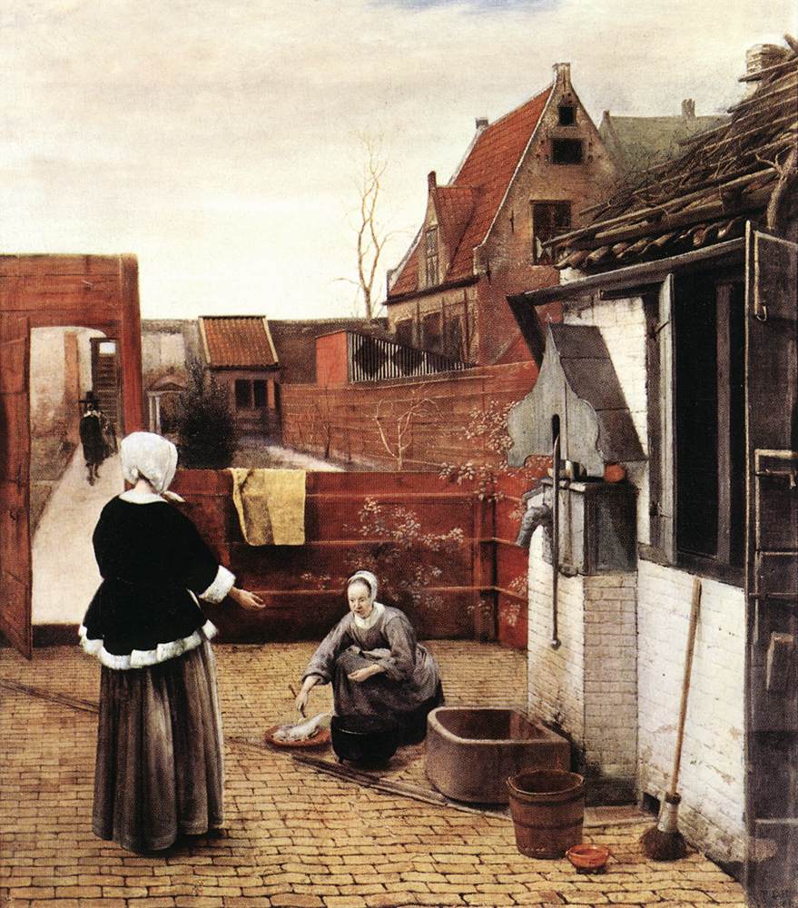 De Hooch shows the second side of the window whole: for him the room and the courtyard are two different territories joined by an opening