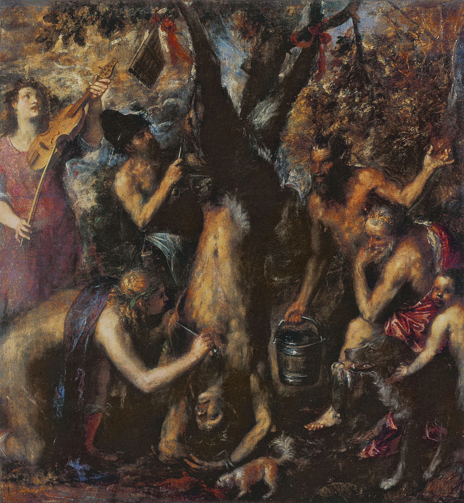 “The Flaying of Marsyas”: the paint is laid on almost with a finger, and the form only assembles at a distance