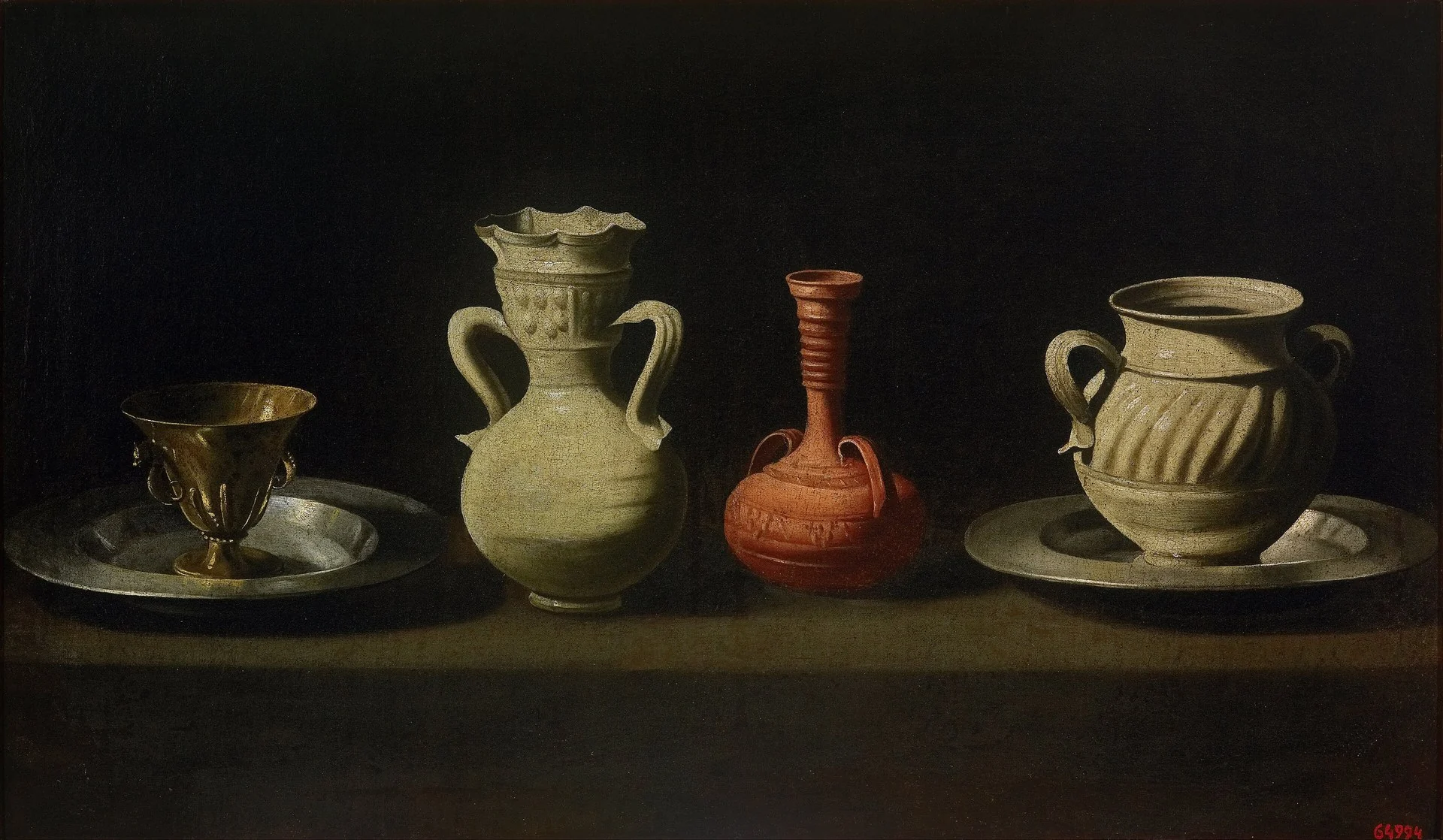Zurbarán sets four plain vessels in a row — and the differences between them become content rather than texture