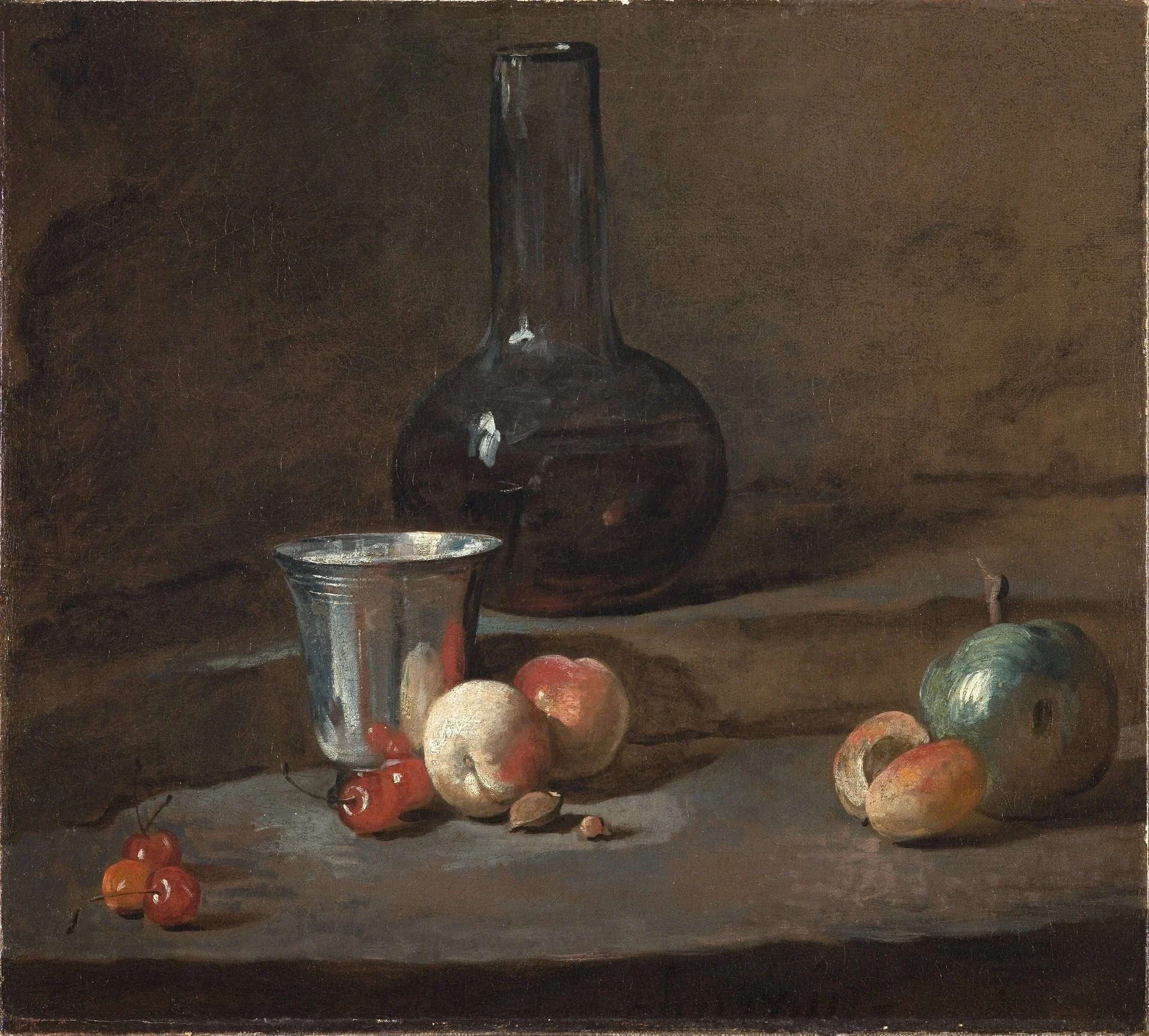 For Chardin the mattness and wear of silver matter more than its shine — the mark arose along with the object, not on set