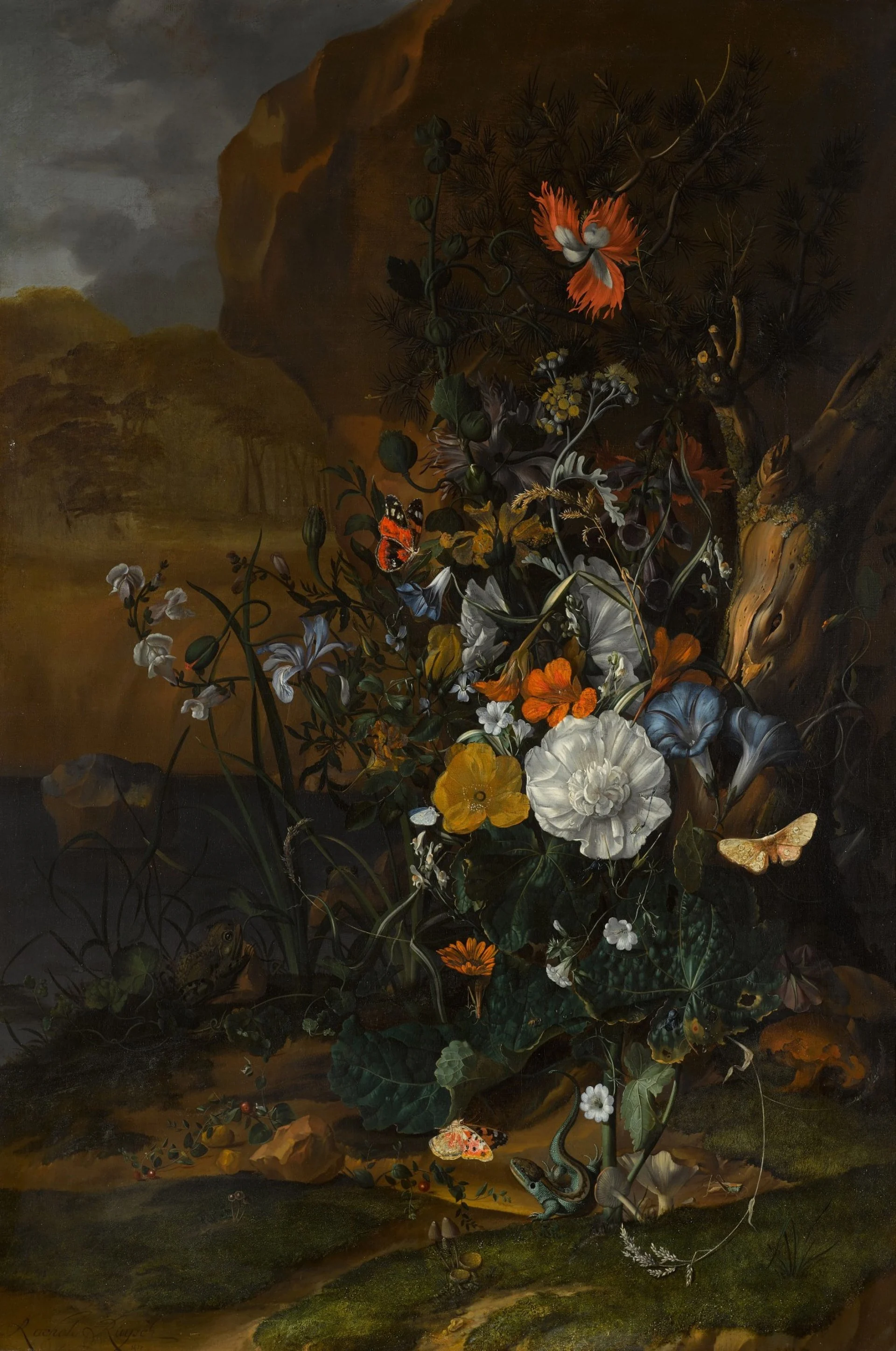 Ruysch paints a bouquet whose petals have already begun to darken: the state is caught in transition rather than after it