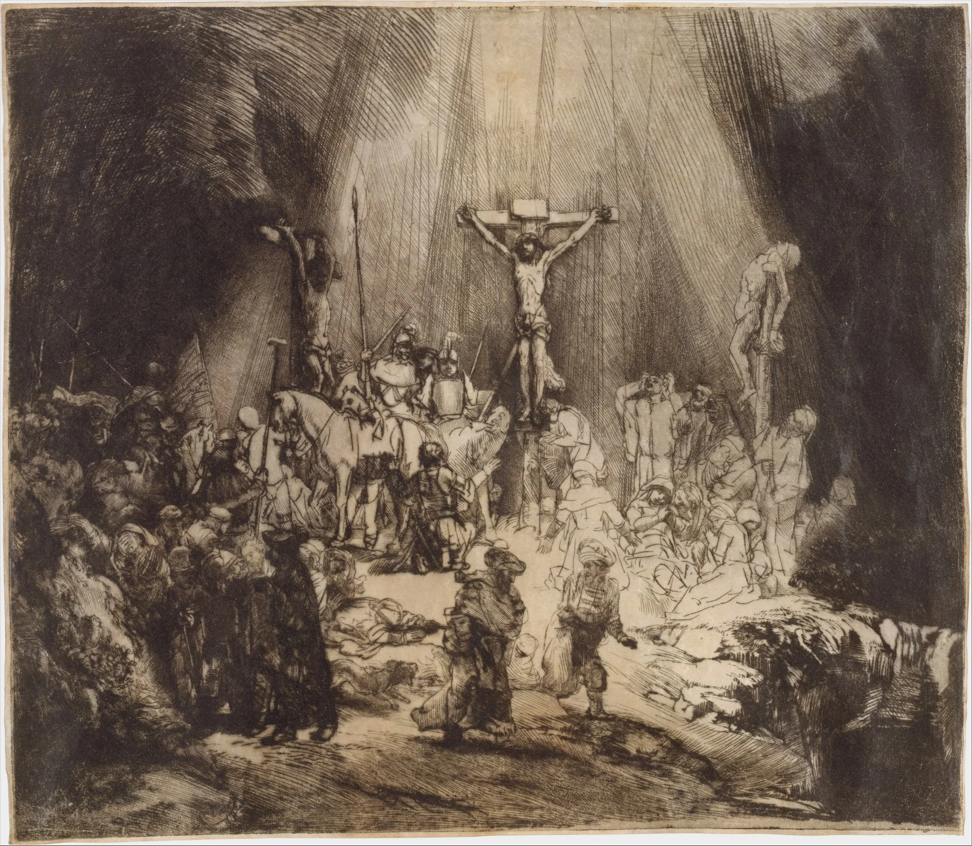 “The Three Crosses”: the light here is cut out of black by lines alone — the overall contrast is deep and the texture almost absent