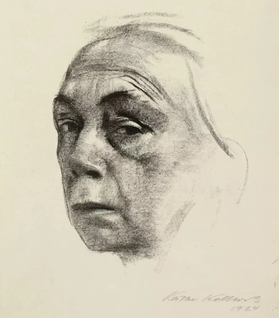 Kollwitz assembles a face out of black and white almost without half-tones — what makes it alive is not the colour of the skin but the relief and the direction of the light